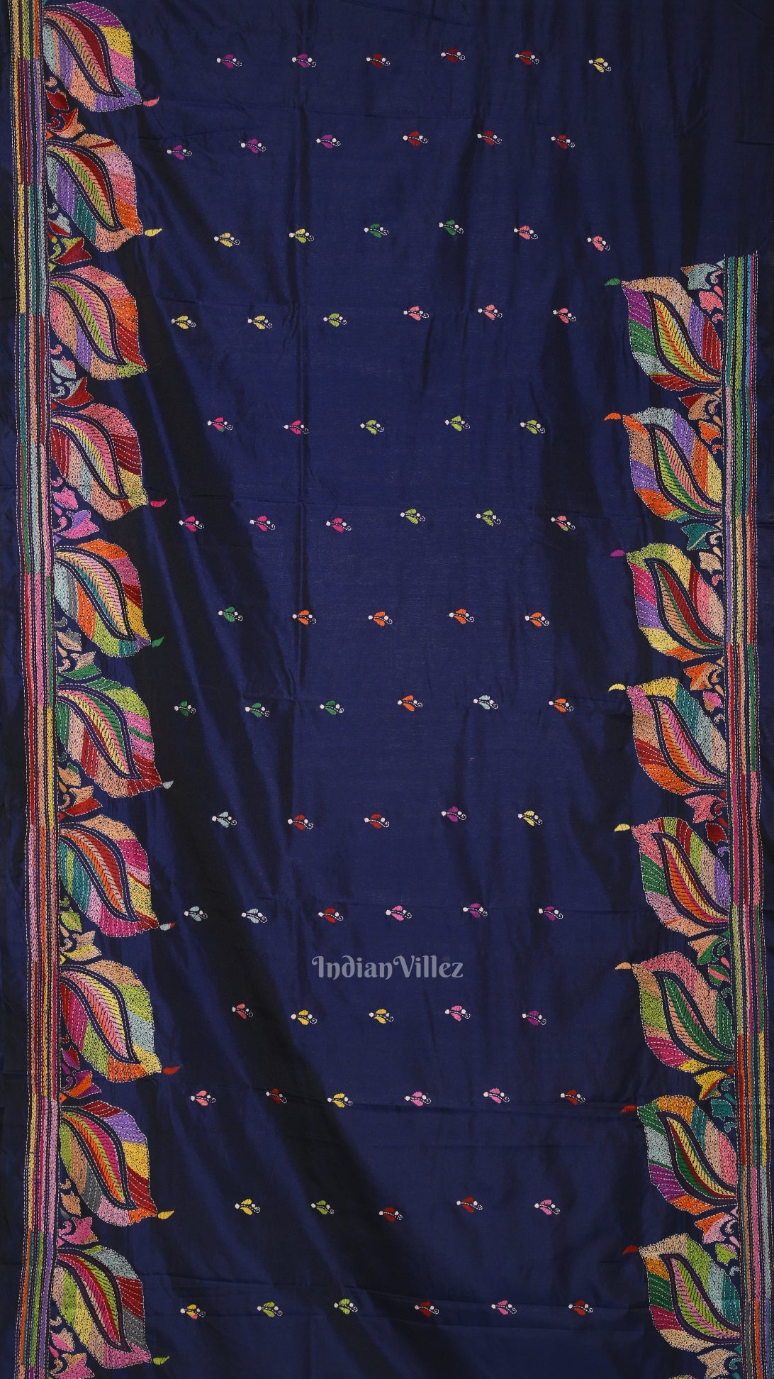 Royal Blue Handwoven Kantha Stitch Silk Saree