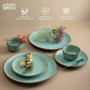 Handmade Ceramic Full dinner set for 2, 2 pieces each of dinner plate, quarter plate and katori bowls, Set of 6, Ocean Green