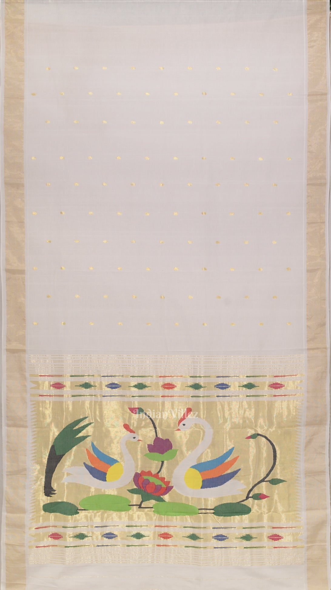 White Golden Butta Design Cotton Paithani Saree