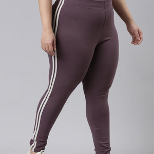 Women Purple Cotton Side Stripe Active Leggings