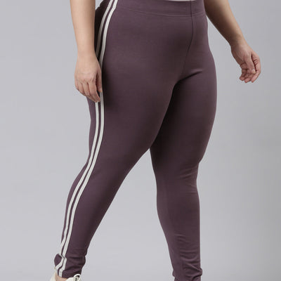 Women Purple Cotton Side Stripe Active Leggings