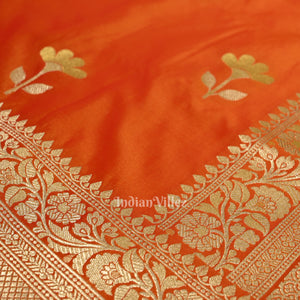 Bridal Orange Yellow Soft Pure Mashru Satin Silk Banarasi Saree