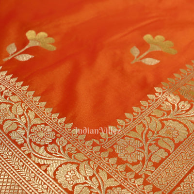 Bridal Orange Yellow Soft Pure Mashru Satin Silk Banarasi Saree
