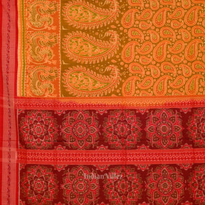 Mehendi Green Red Sambalpuri Pure Cotton Saree