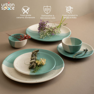 Handmade Ceramic Full dinner set for 2, 2 pieces each of dinner plate, quarter plate and katori bowls, Set of 6, Green Pearl