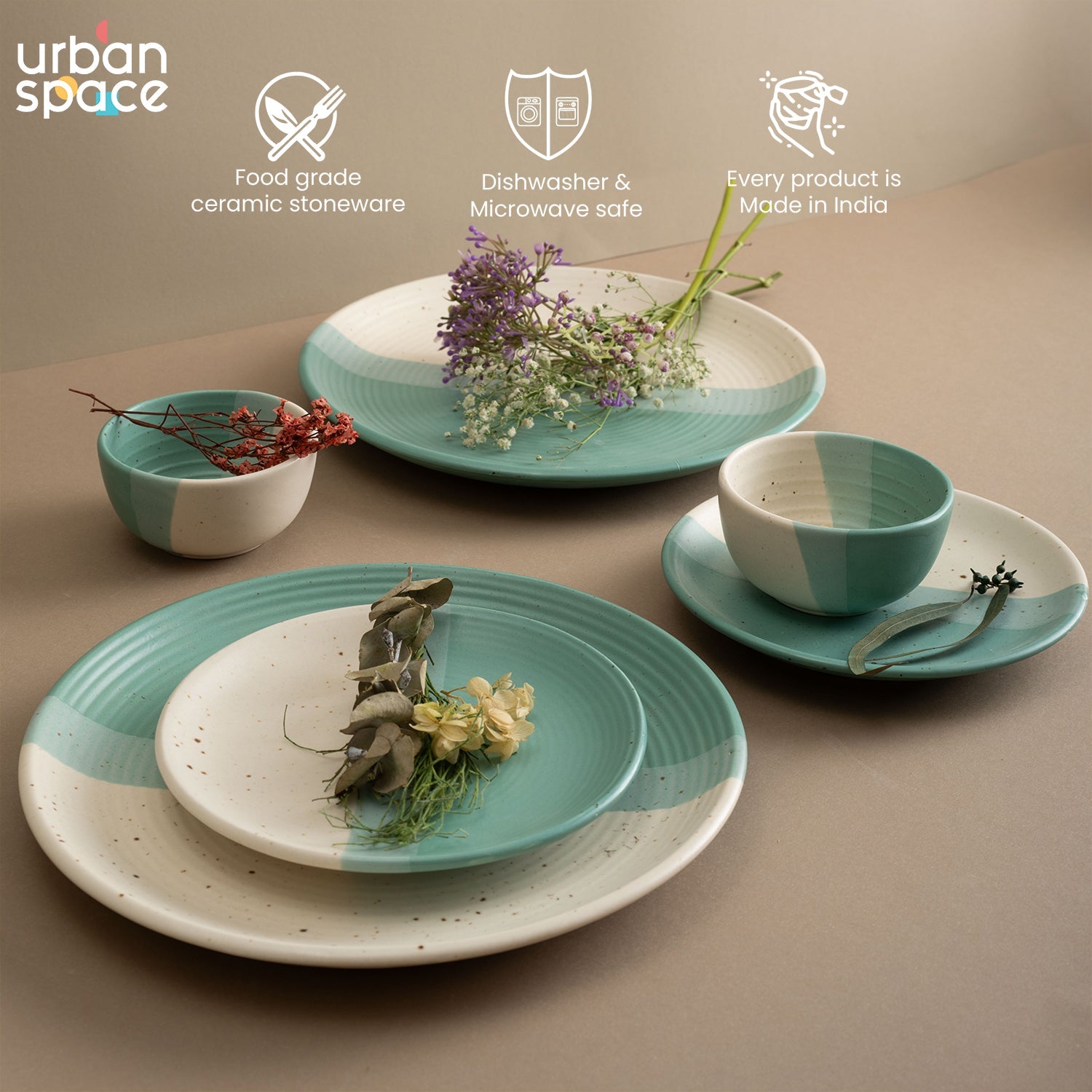 Handmade Ceramic Full dinner set for 2, 2 pieces each of dinner plate, quarter plate and katori bowls, Set of 6, Green Pearl