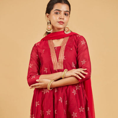 Magenta Red  Festive Kurta Set With Matching Dupatta