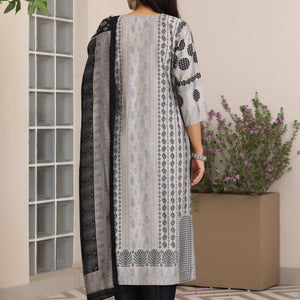Grey Printed Silk Blend Straight Suit With Dupatta