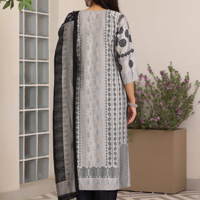Grey Printed Silk Blend Straight Suit With Dupatta