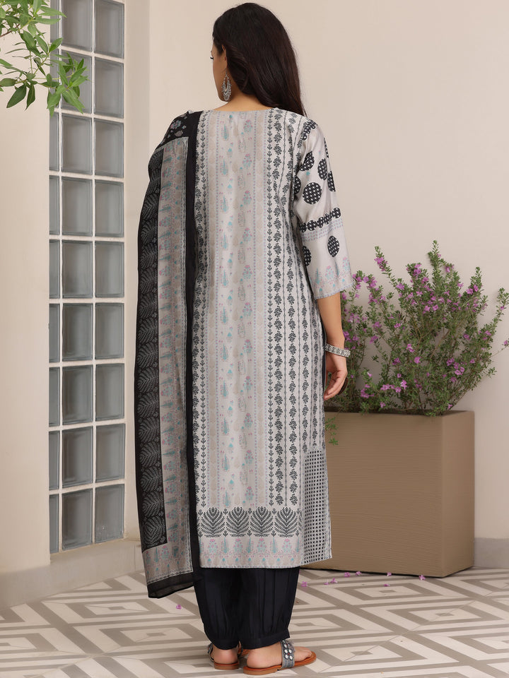 Grey Printed Silk Blend Straight Suit With Dupatta