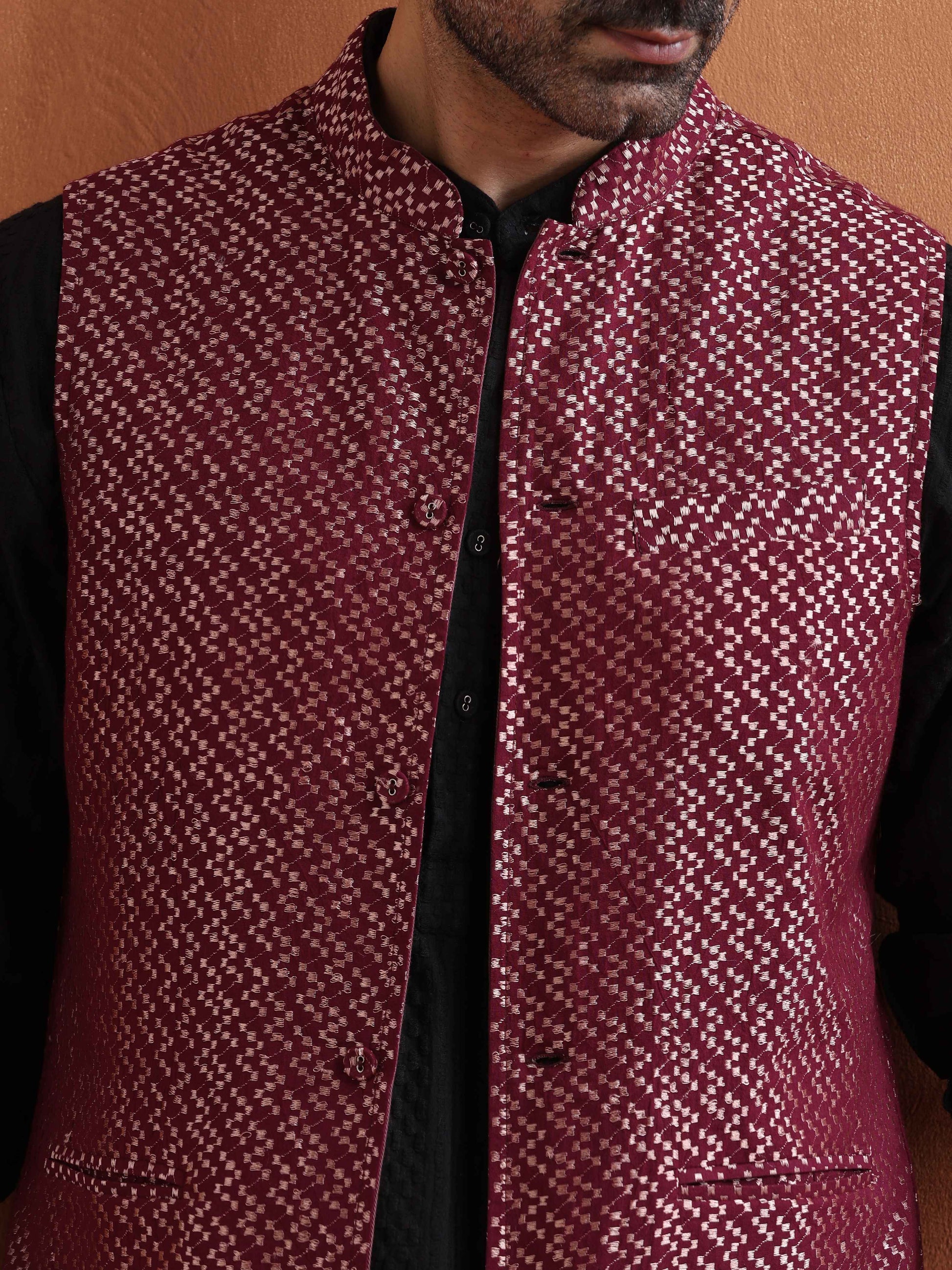 trueBrowns Men's Dark Purple Cotton Dobby Nehru Jacket