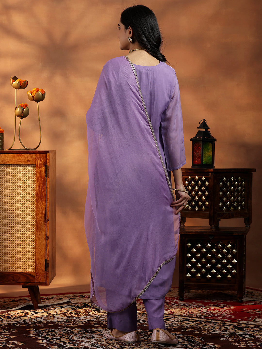 Lavender Embroidered Organza Straight Suit With Dupatta