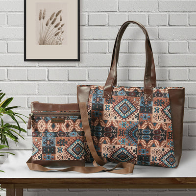 COMBO-AZTEC DESIGN TOTE BAG WITH COORDINATED SATCHEL