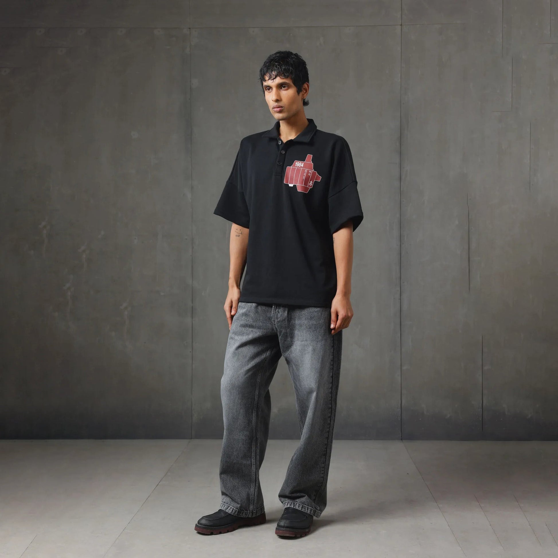 ALMOST GODS | ASSEMBLAGE BOXY POLO { BLACK