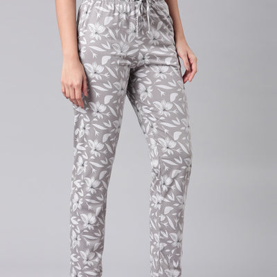Women Printed Grey Cotton Knit Lounge Pants