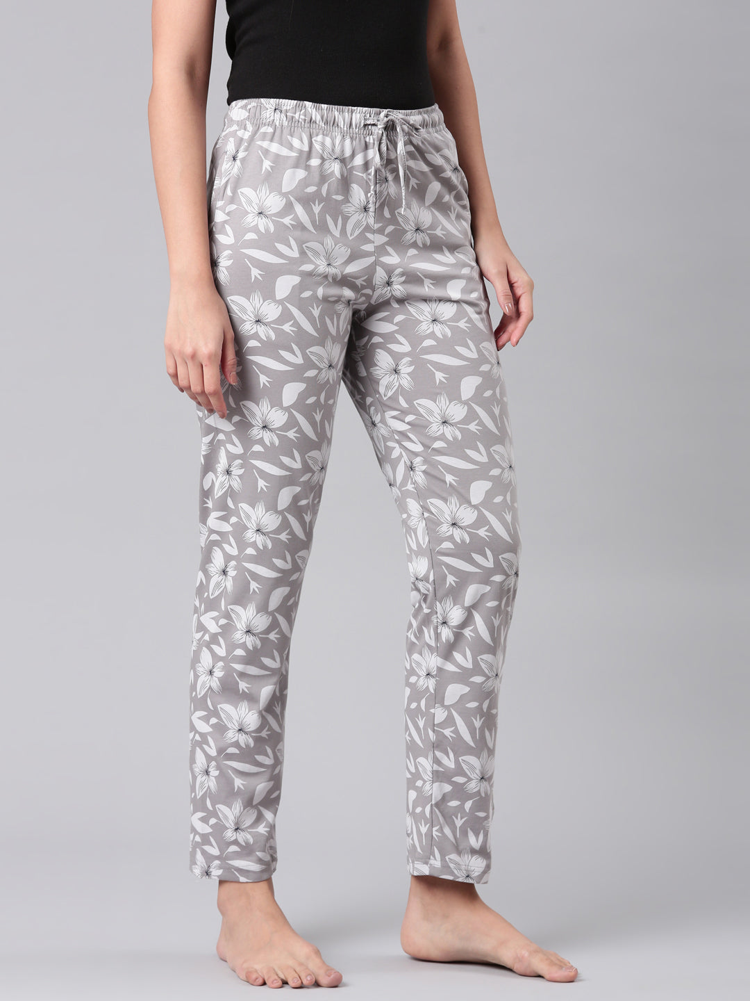 Women Printed Grey Cotton Knit Lounge Pants