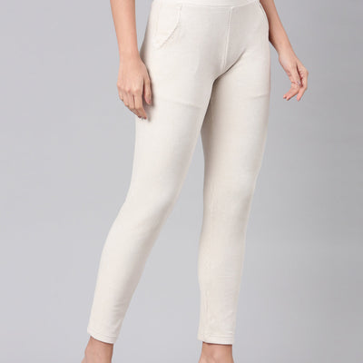 Women Solid Cream Mid Rise Corduroy Treggings