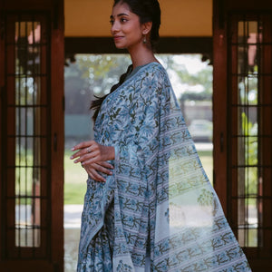 Turquoise Jaipur Cotton Saree With With Sanganeer style printed floral motifs