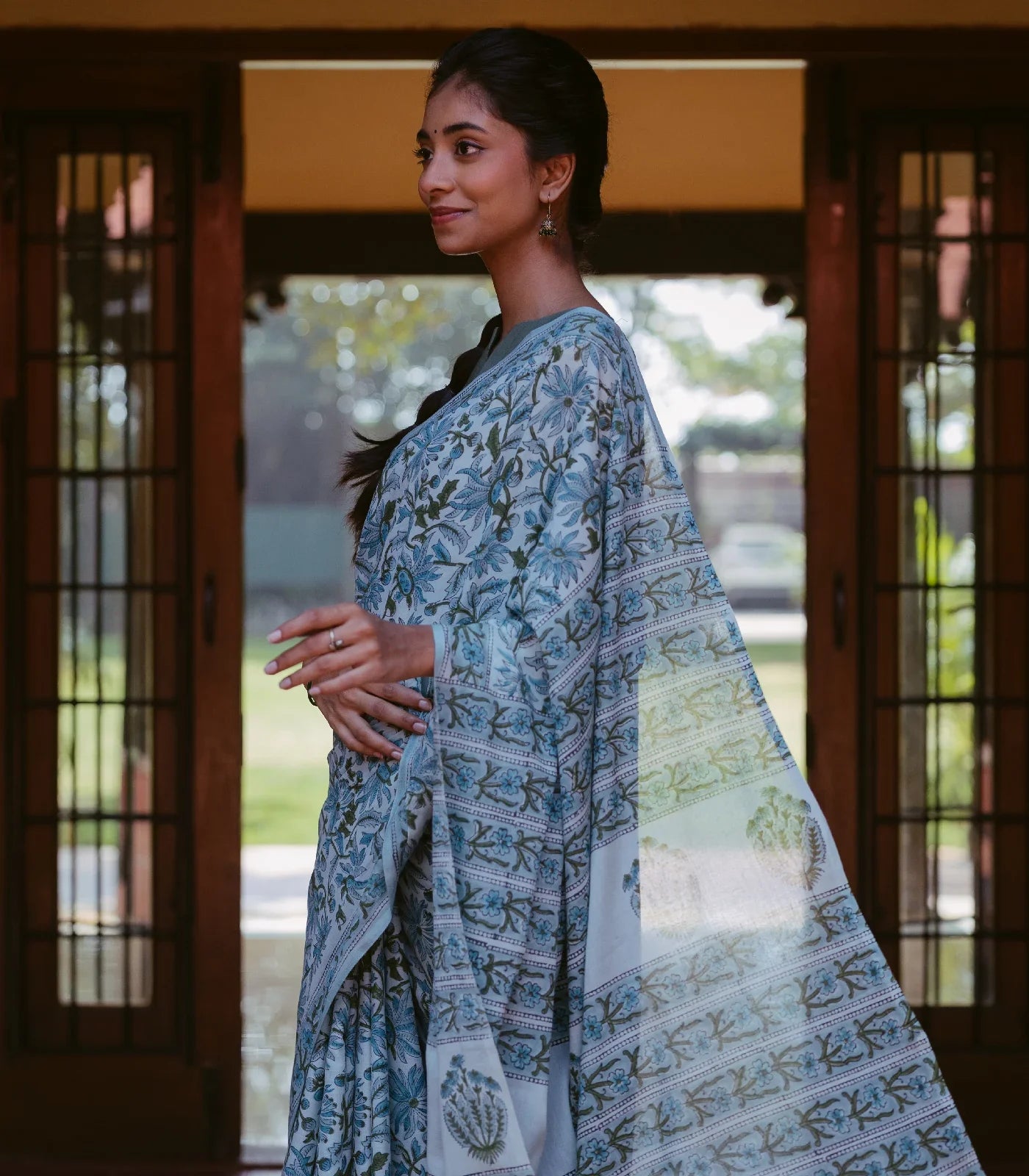 Turquoise Jaipur Cotton Saree With With Sanganeer style printed floral motifs