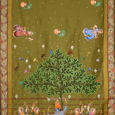 Mehendi Green Krishna Hand-Painted Pattachitra Saree