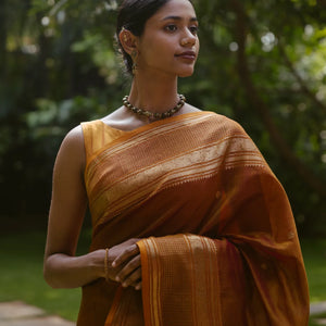 Honey Amber Handloom Silk Cotton With Kalamam Buttas and Checked border