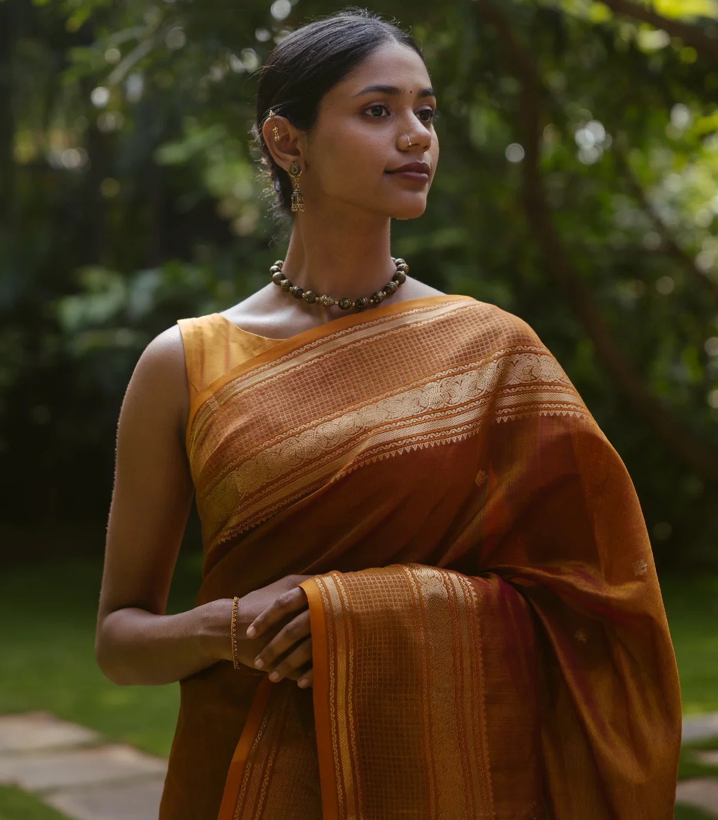 Honey Amber Handloom Silk Cotton With Kalamam Buttas and Checked border