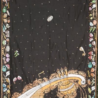 Black Sitar Instrument Hand-Painted Pattachitra Saree