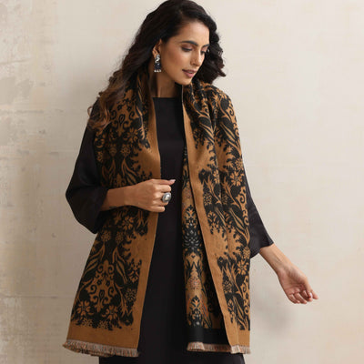 trueBrowns Brown Floral Reversible Woollen Stole
