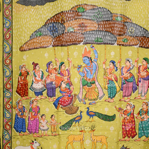 Yellow Giri Govardhan Hand-Painted Pattachitra Saree