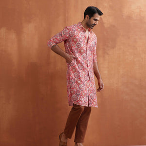 trueBrowns Men's Beige Printed Front Open Kurta