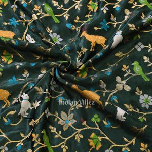 Dark Green Vintage Shikargah Theme Tussar Khaddi Georget Banarasi Saree
