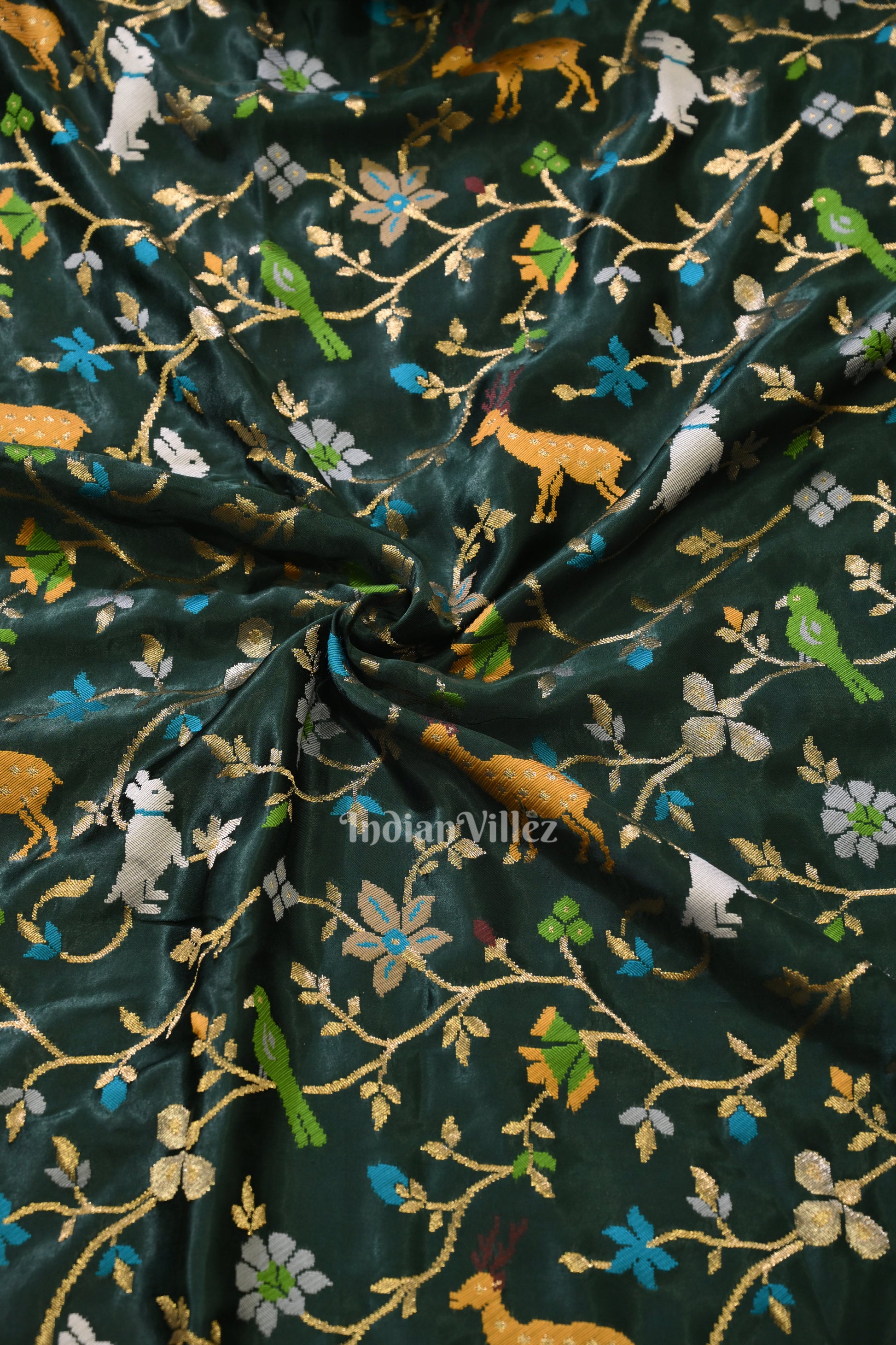 Dark Green Vintage Shikargah Theme Tussar Khaddi Georget Banarasi Saree