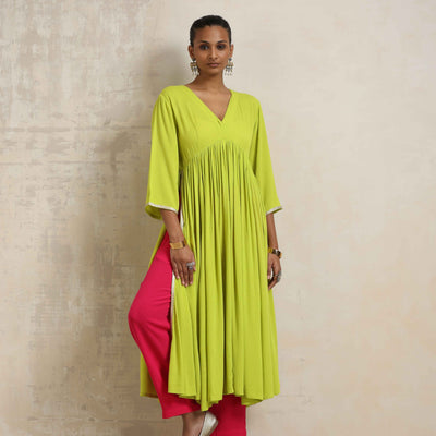 trueBrowns Lime Crinkle Anarkali Flared Kurta Set