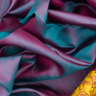 Cyan Handloom Silk Saree With Chevron Motifs & Kalamkaari Horse Motifs