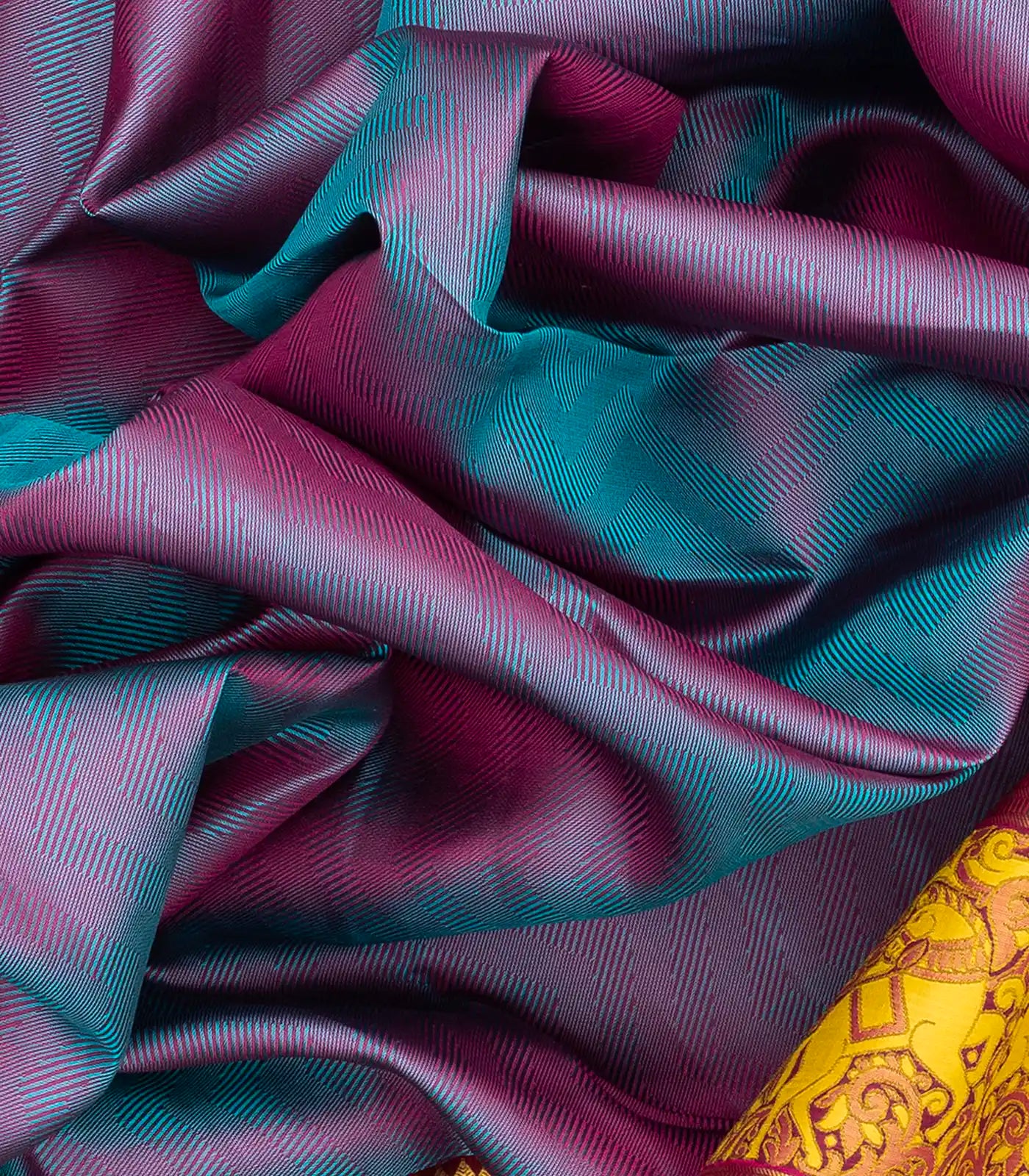 Cyan Handloom Silk Saree With Chevron Motifs & Kalamkaari Horse Motifs