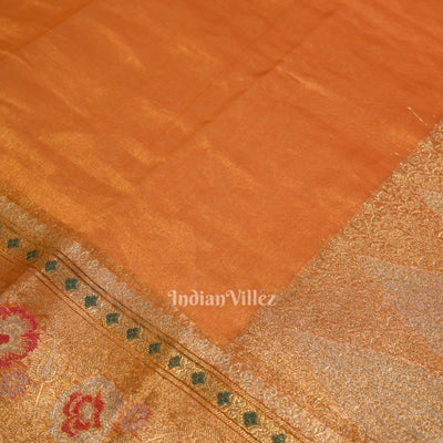 Deep Orange Zari Woven Exclusive Kora  Organza Banarasi Tissue Saree
