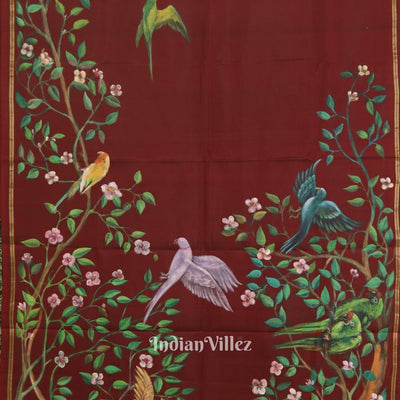 Maroon Radha Krishna Hand-Painted Silk Saree