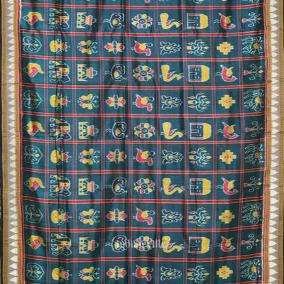 Teal Blue Nabakothi Odisha Ikat Khandua Silk Saree with Jungle Anchal