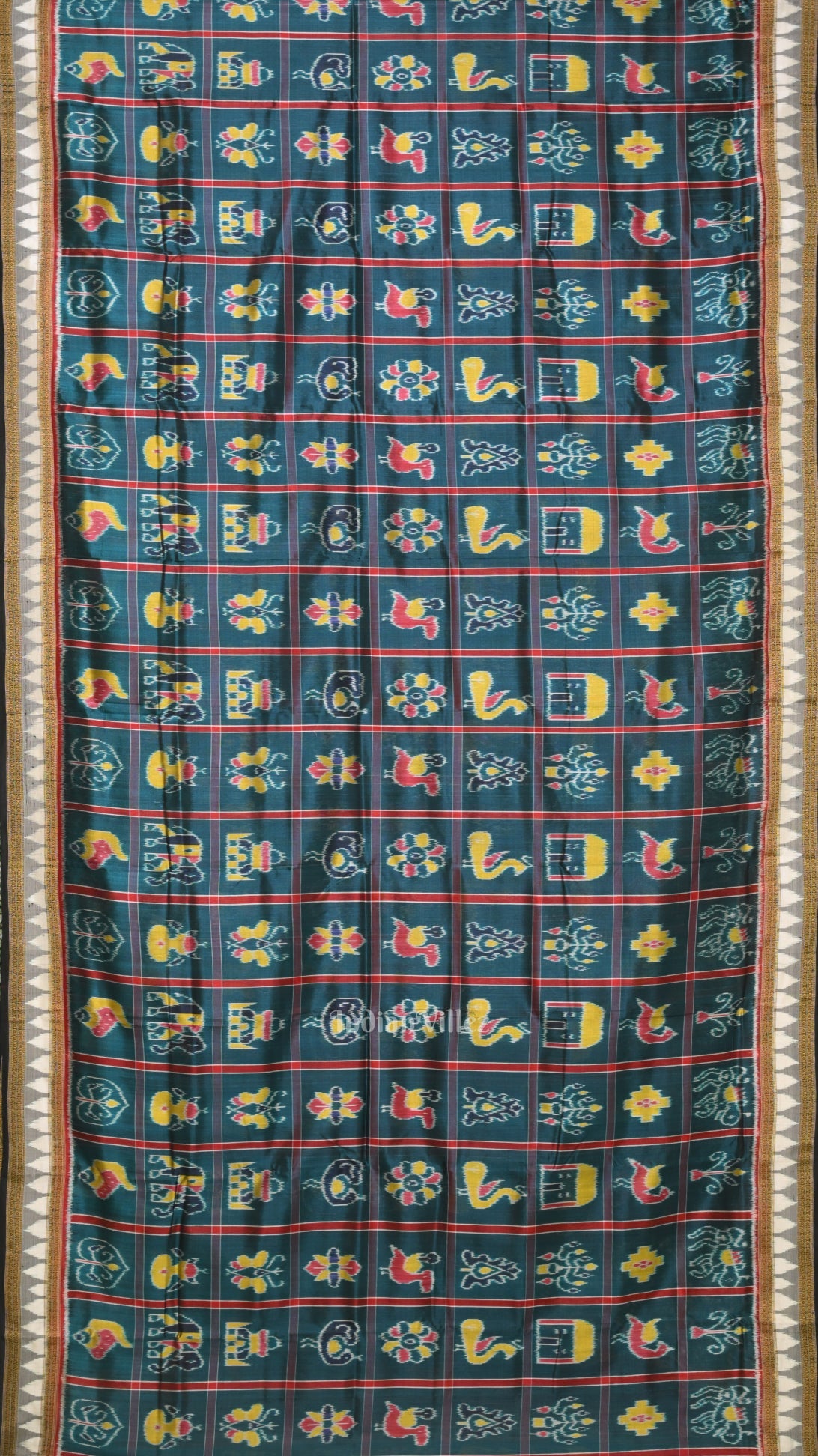 Teal Blue Nabakothi Odisha Ikat Khandua Silk Saree with Jungle Anchal