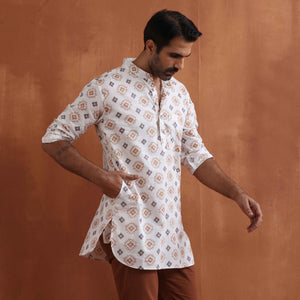 trueBrowns Men's Ivory Printed Short Kurta