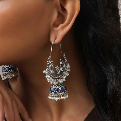 trueBrowns Silver Tone Peacock Jhumka Earrings