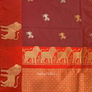 Maroon Red Lion Motif Designer Katan Banarasi Silk Saree