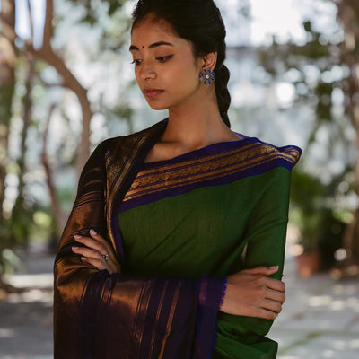 Dark Green Handloom Gadwal Cotton Saree With Contrast Purple Border