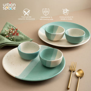 Handmade Ceramic Dinner Set for 2, set of 2 Dinner plates and 4 katoris, Set of 6, Ocean Green Pearl