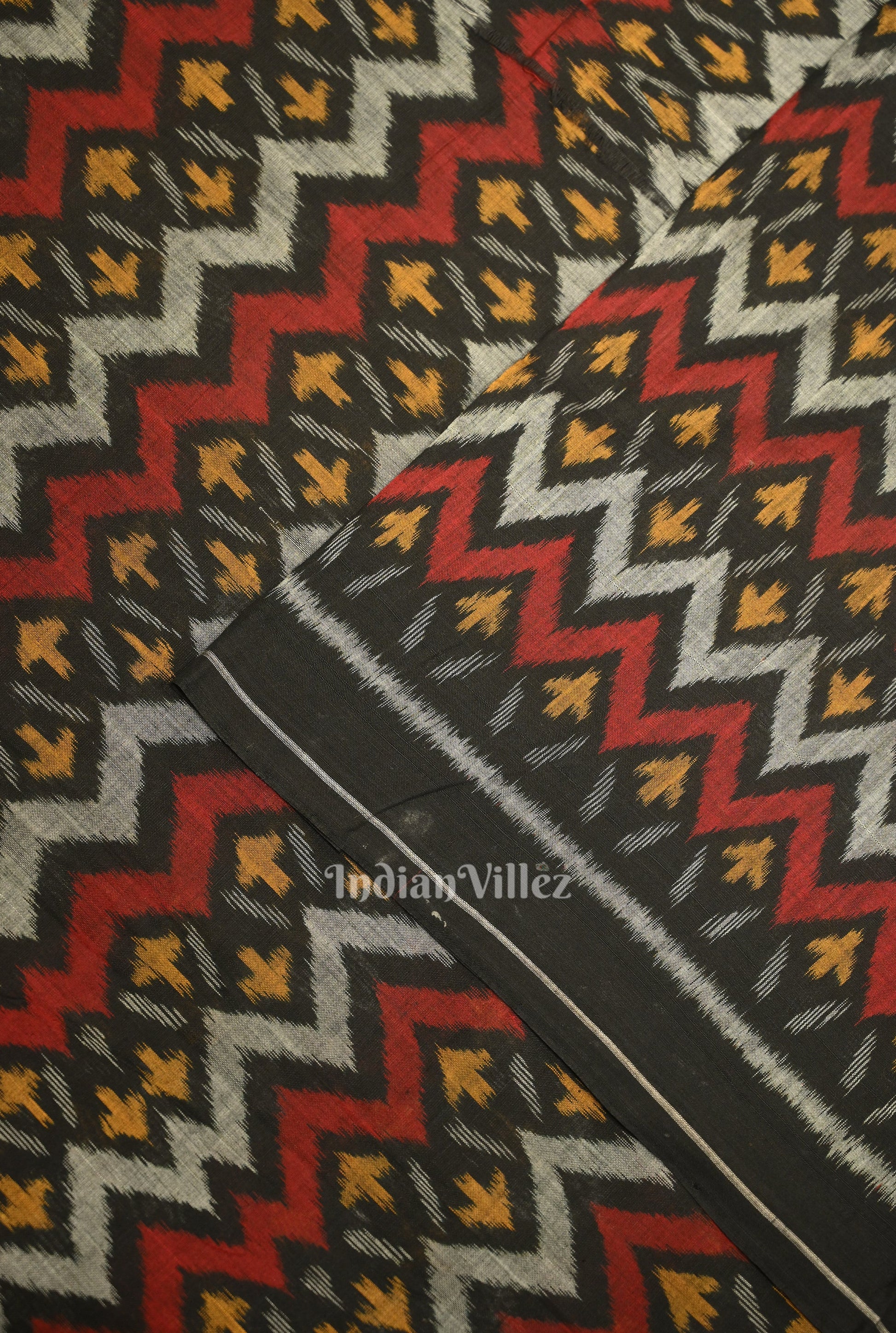 Black with Multi Color Odisha Ikat Cotton Fabric