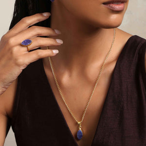 trueBrowns Gold Tone Blue Stone Pendant Set