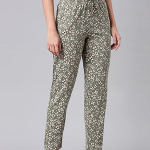Women Printed Green Cotton Knit Lounge Pants