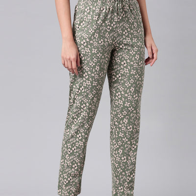 Women Printed Green Cotton Knit Lounge Pants