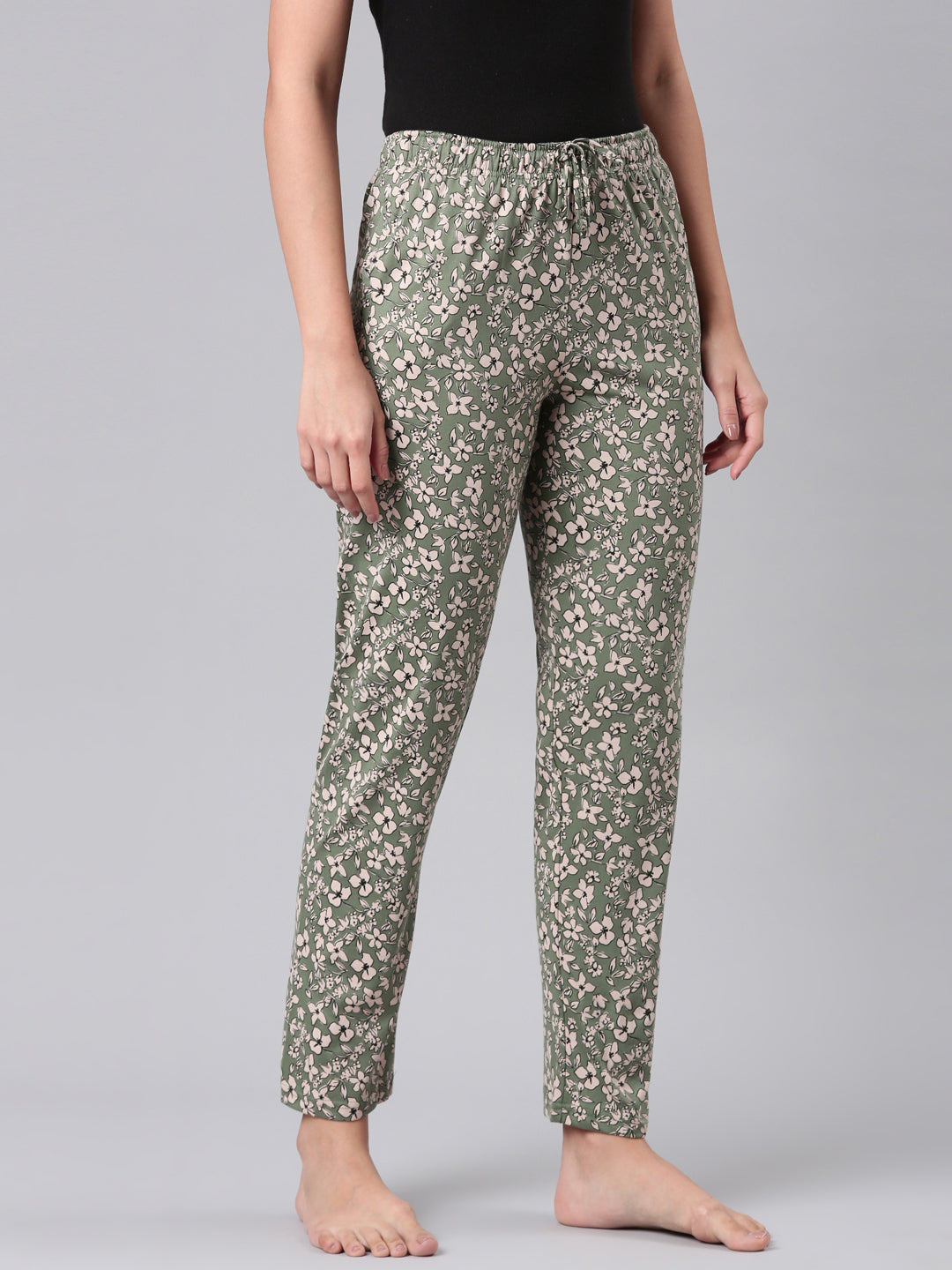 Women Printed Green Cotton Knit Lounge Pants