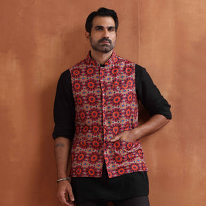 trueBrowns Men's Beige Printed Nehru Jacket